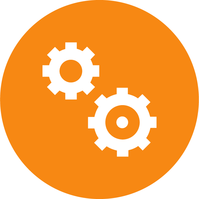 Orange circle with two white gears placed at a diagonal 