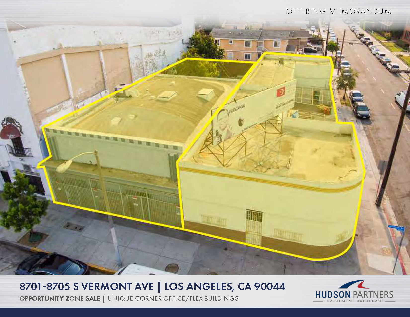 An aerial shot of the two-story Jenesse building on a corner lot, with a yellow overlay to differentiate the property from surrounding buildings.