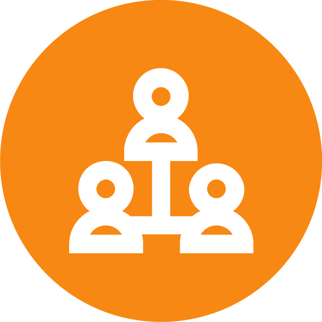 Orange circle with three human figures positioned in a tier connected by line 