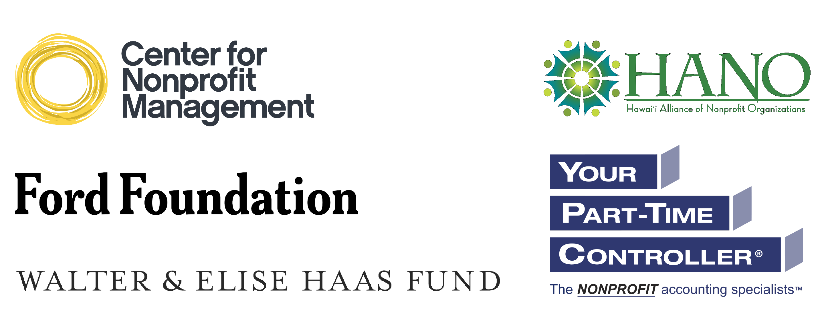 Logos for Center for Nonprofit Management LA, Ford Foundation, Hawaii Association of Nonprofit Organizations, Walter and Elise Haas Fund, and Your Part-Time Controller.