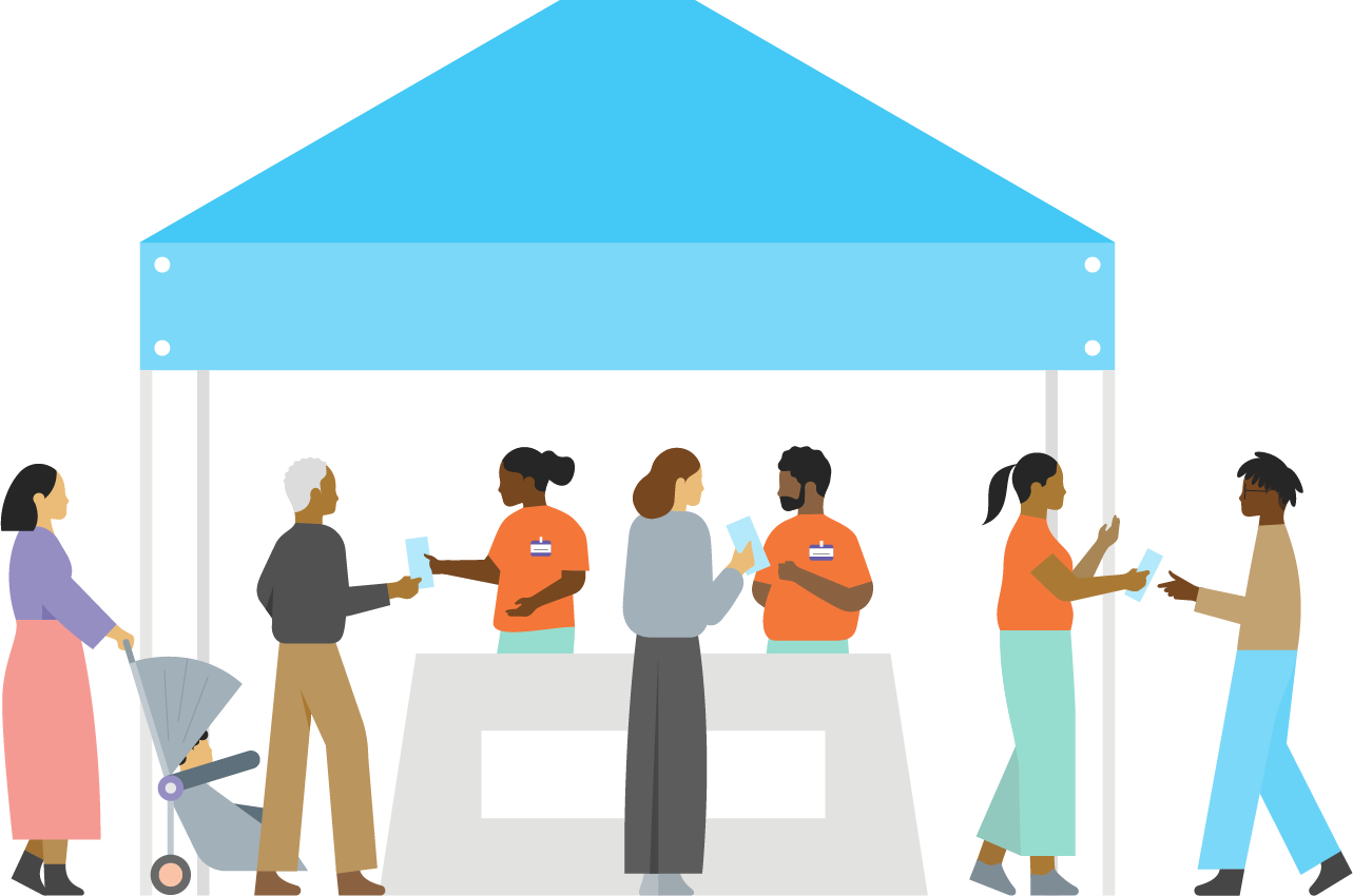 Illustration of three people in orange shirts handing flyers to people beneath a blue pavilion.