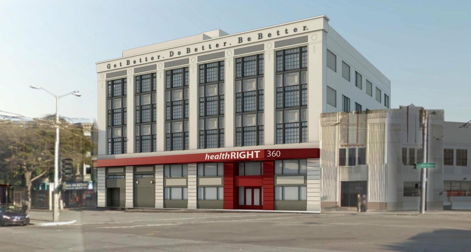 Artist rendering of a hospital building with red awning and door 