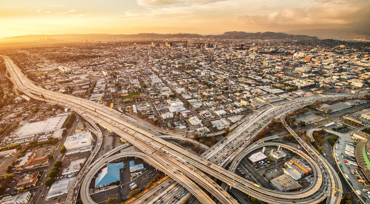 Four Level Interchange in Los Angeles, photo taken from above at sunset