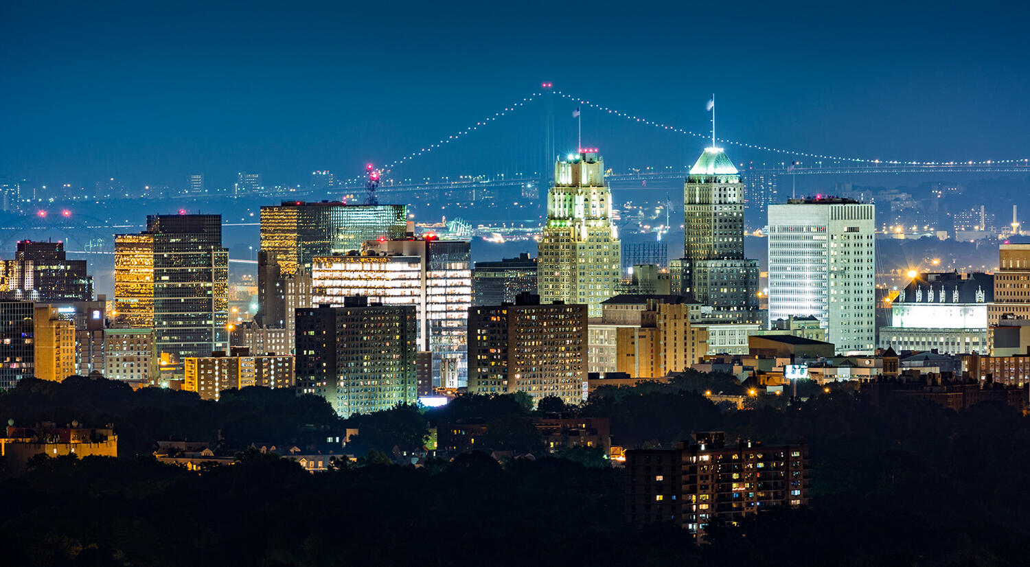 The skyline of Newark, New Jersey at night. 