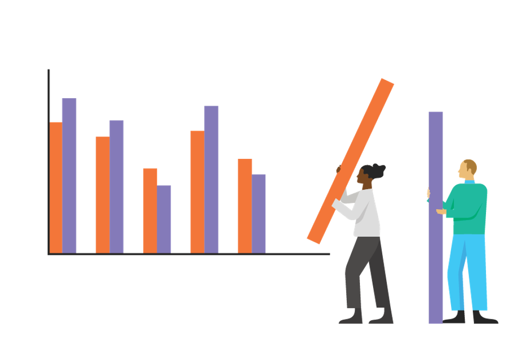 An illustration of a life-size bar graph with two people adding bars to the graph.