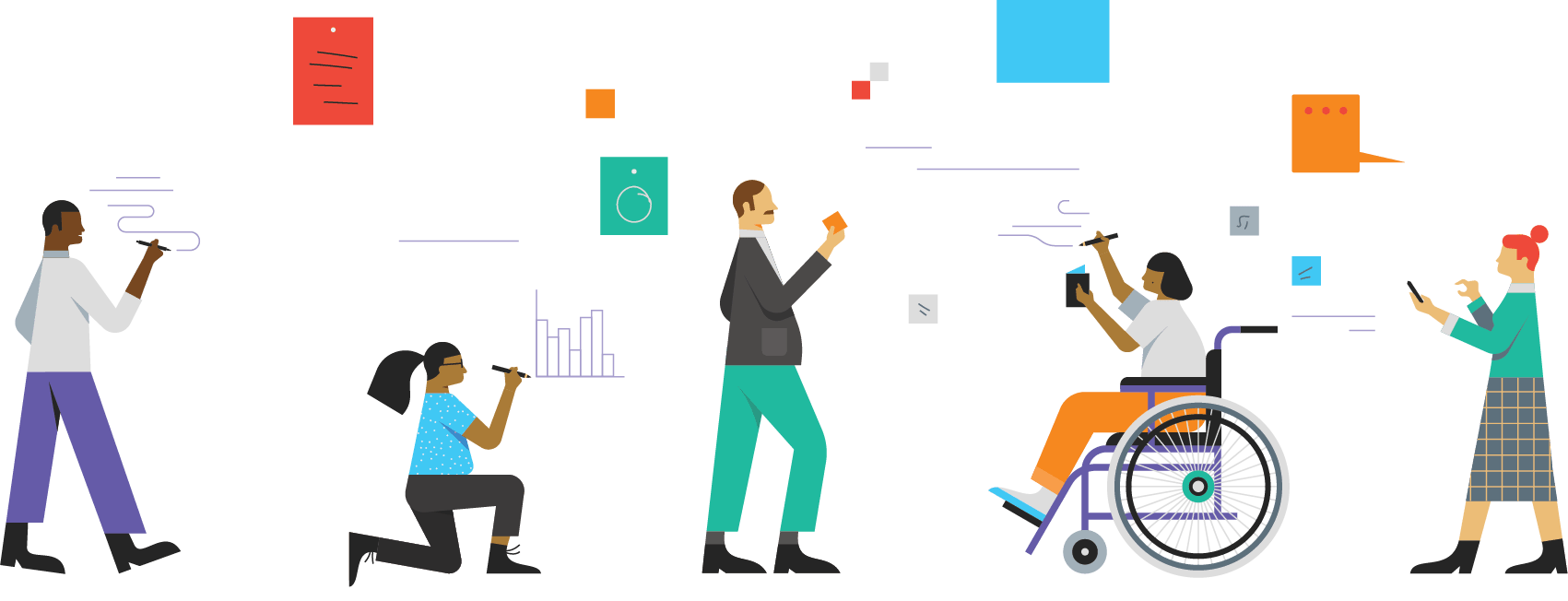 Illustration of 5 people - standing, kneeling, and in a wheelchair - drawing graphs and lines on a multicolored background