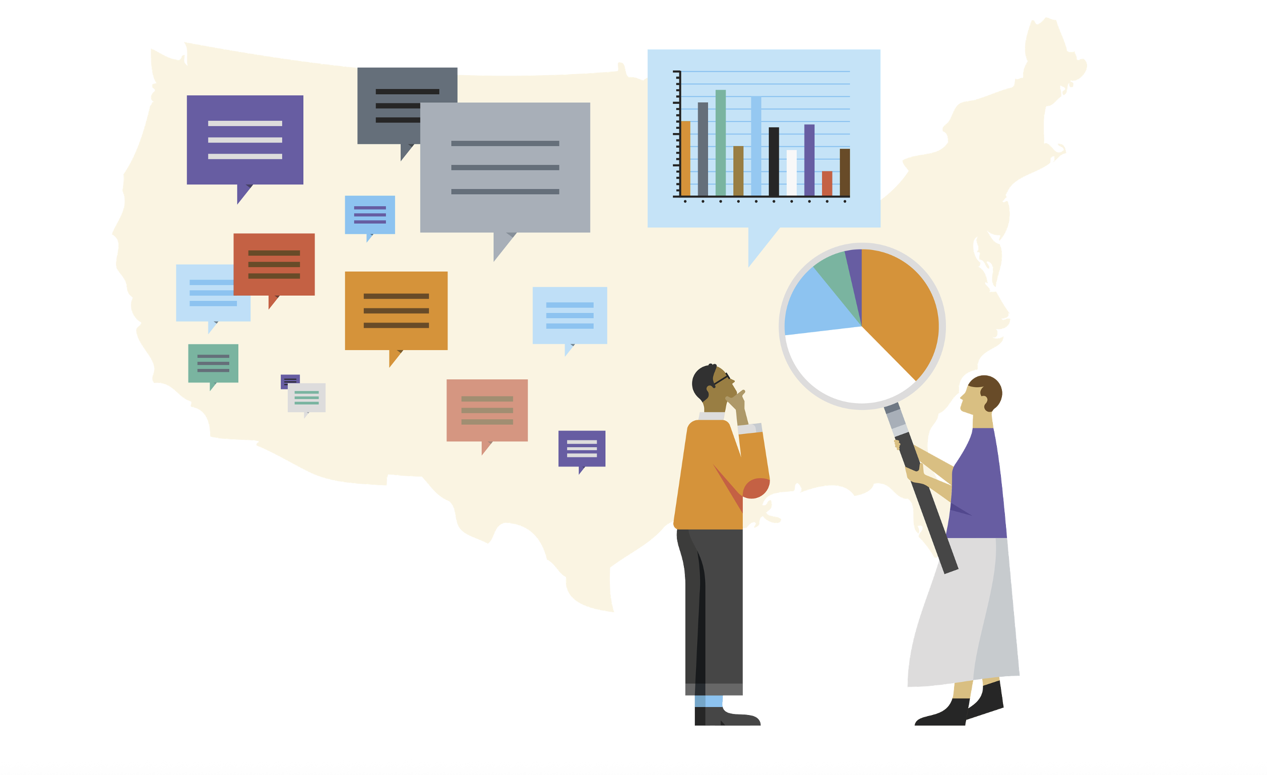 Illustration of two people looking at a large map covered with notes and graphs.