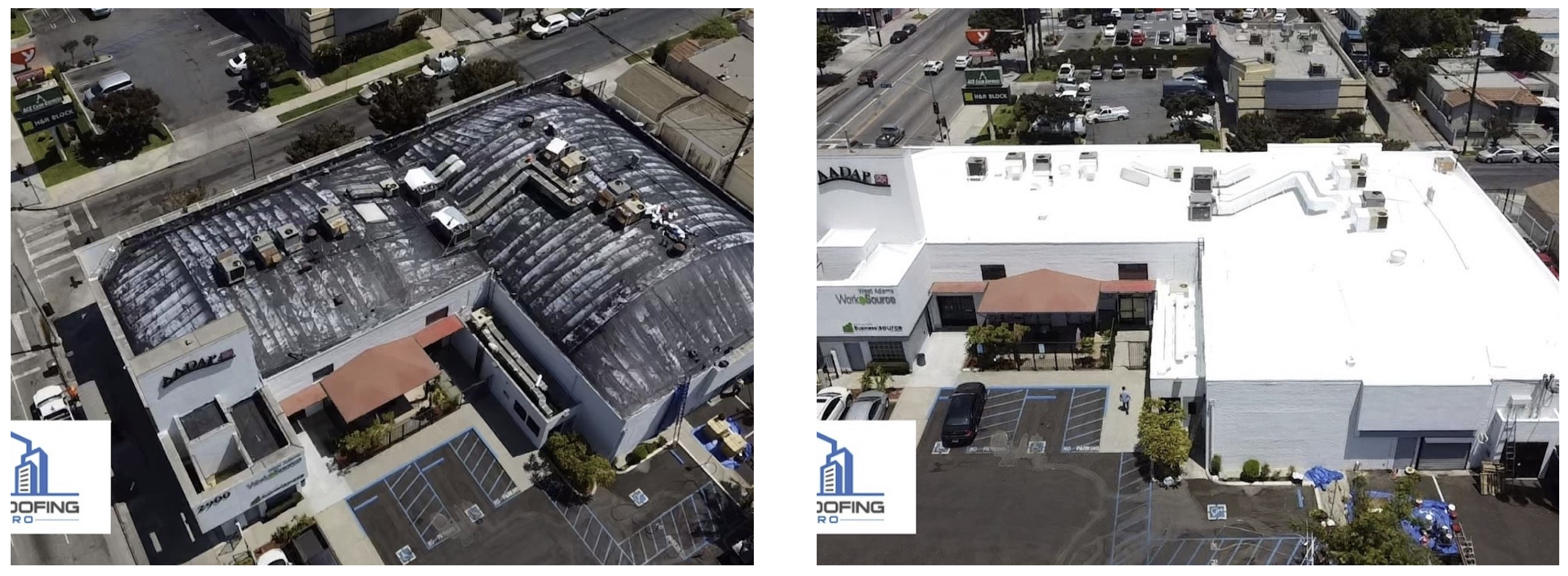 Arial photos of the same roof before and after repairs.