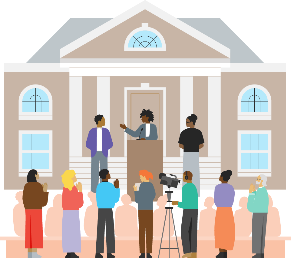 Illustration of people gathered in front of a government building with a speaker at a podium.