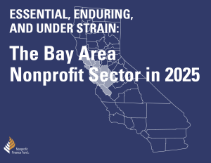 Dark blue background with white text for the title of the report and a map of the Bay Area with regions highlighted.