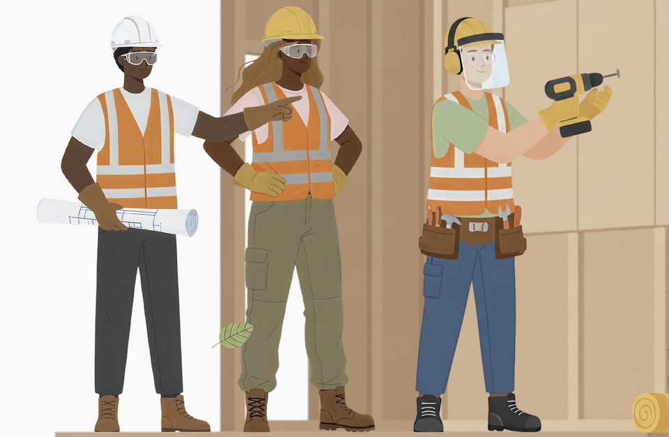 Illustration of construction workers collaborating on a building.