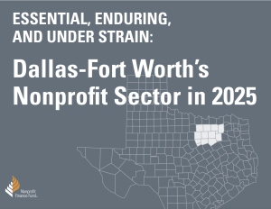 Gray background with white text for the title of the report and a light gray map of Texas with the Dallas Fort-Worth region highlighted in off-white.