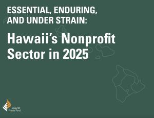 Dark green background with white text for report title and a light outline of Hawaii islands in the background.
