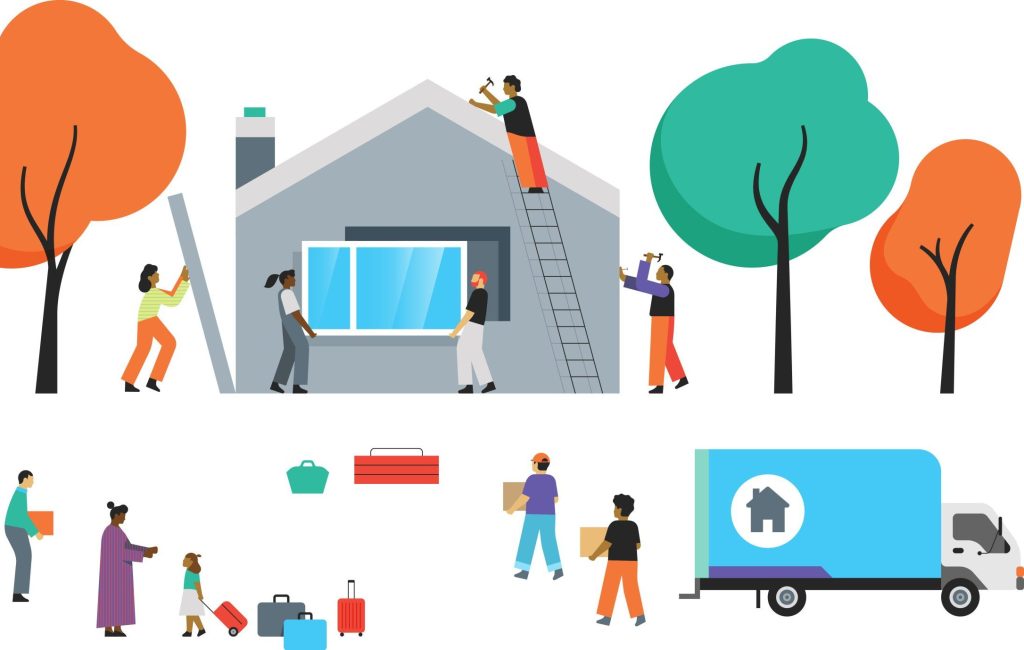 Illustration of a house with people working on it while movers help a family bring boxes to the front of the house.