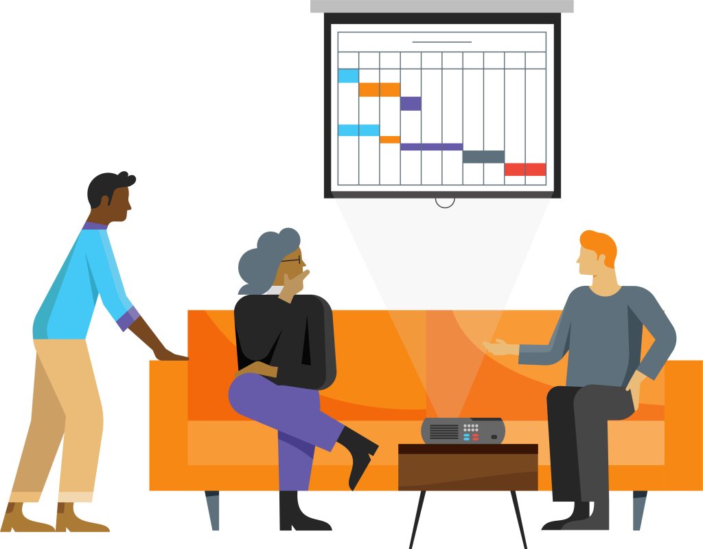 An illustration of three people with a projector that is projecting a chart