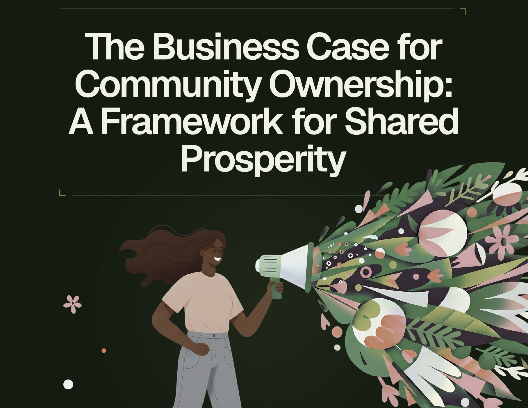 Black background of report cover with title in white text and illustration of woman with loud speakers and flowers fanning out to the right.