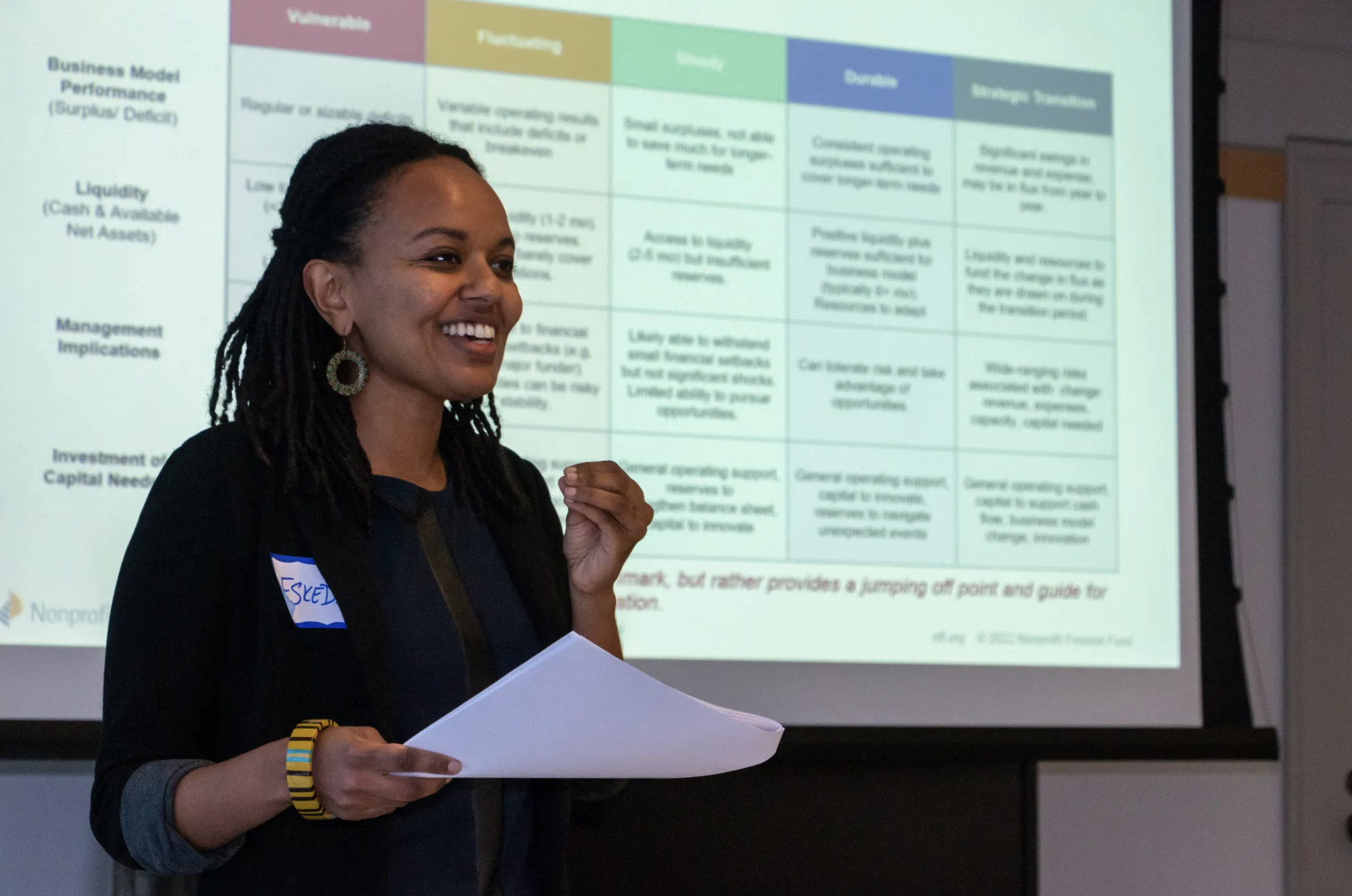 Smiling woman speaks confidently, holding papers in hand. Behind her, a colorful presentation slide highlights strategic transition topics. 