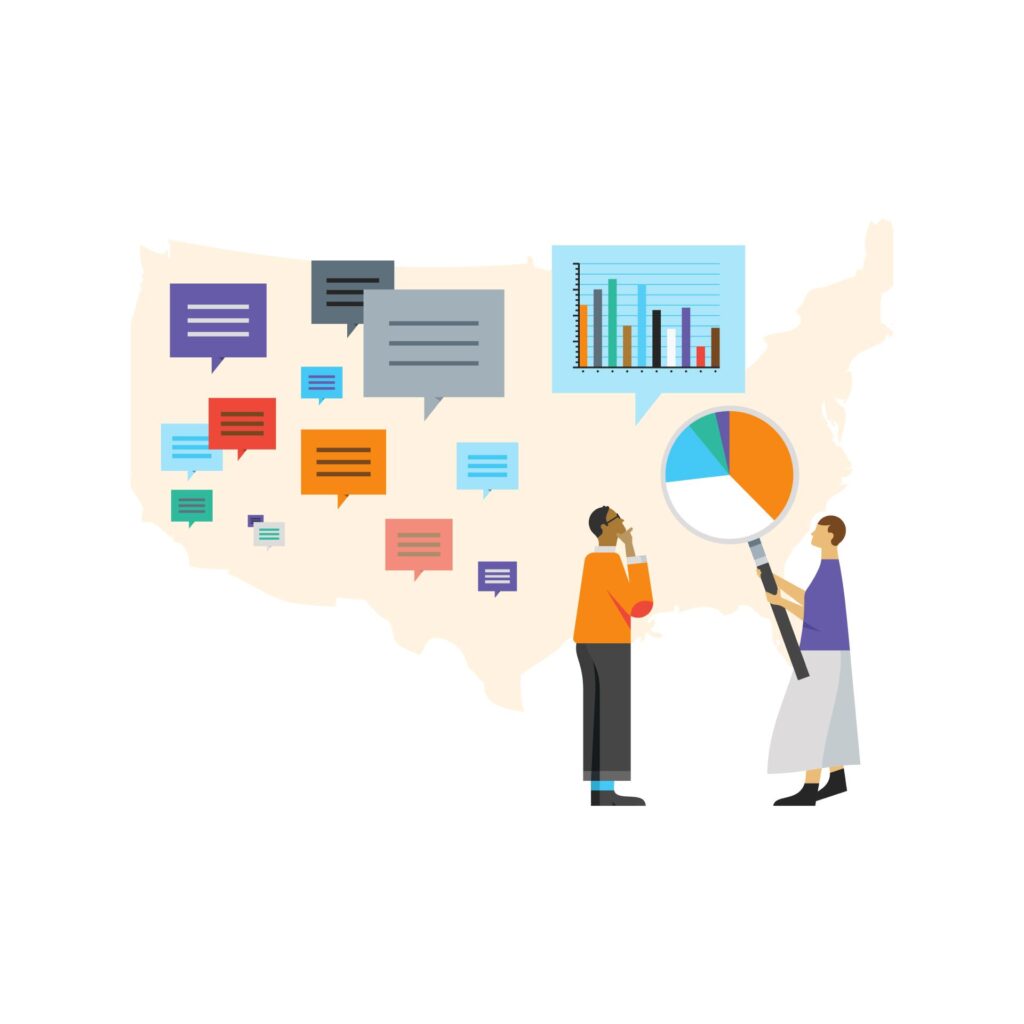 A graphic illustration shows two people analyzing data in front of a map of the United States. The map is covered with colorful speech bubbles, and one person examines a pie chart with a large magnifying glass while another looks at a bar graph.