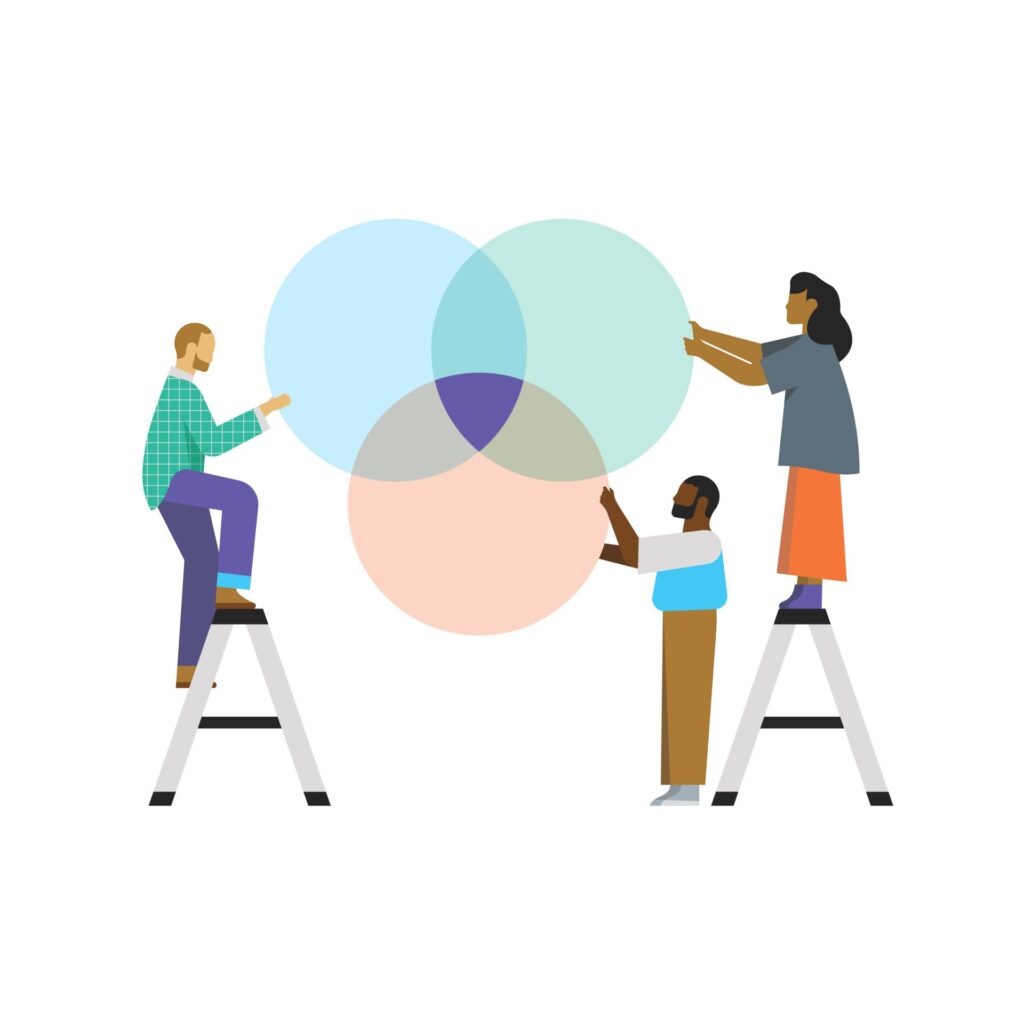 A graphic illustration of three people on ladders working together to assemble a large Venn diagram made of three colorful, overlapping circles.