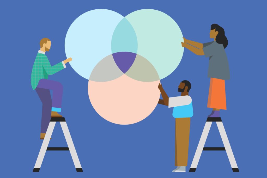 A illustration of a group of people assembling a venn diagram