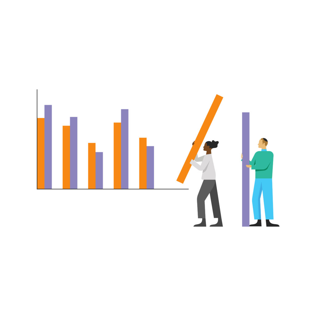 An illustration of two people assembling a large bar chart