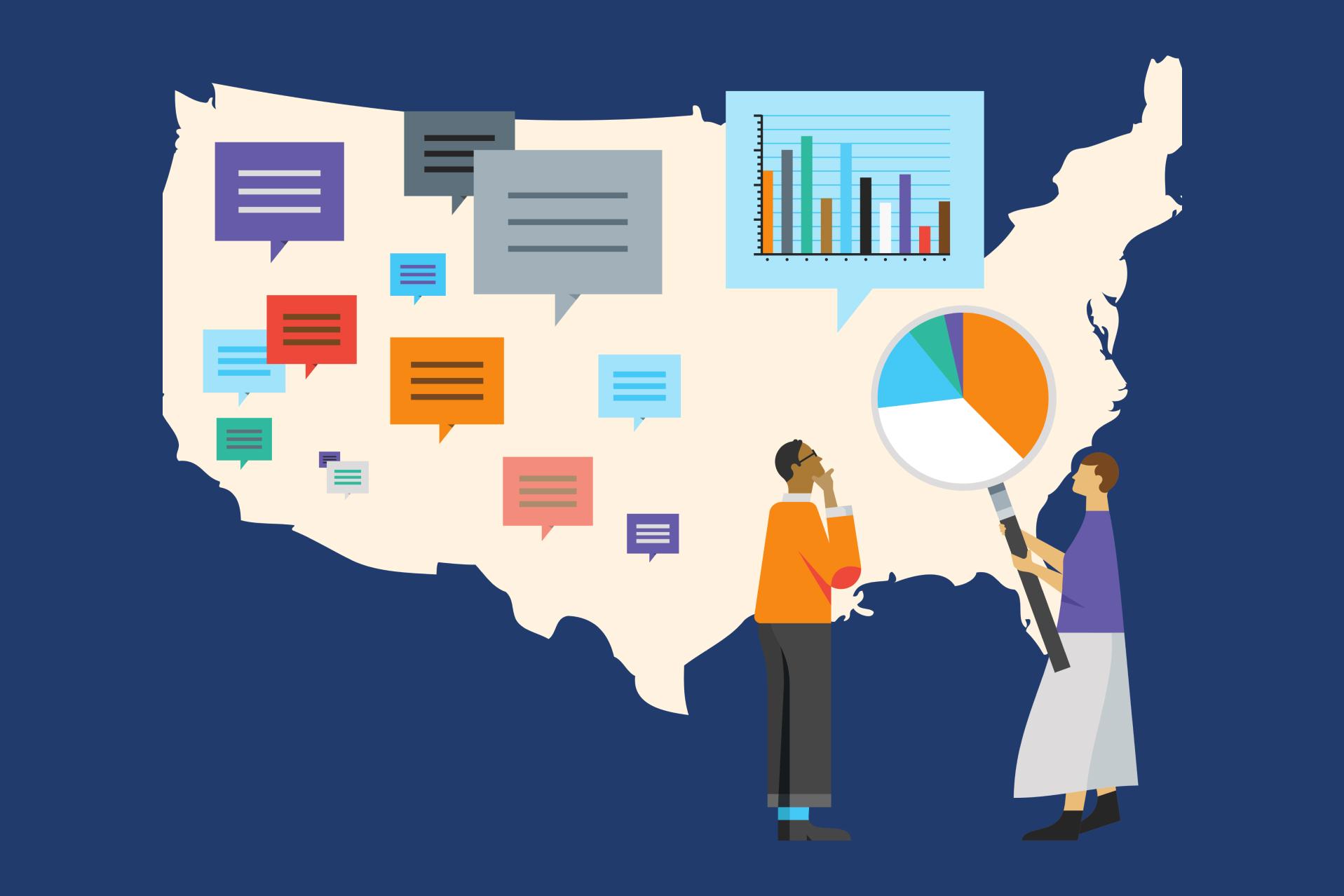 An illustration of people standing in front of charts, graphs, and a map of the United States