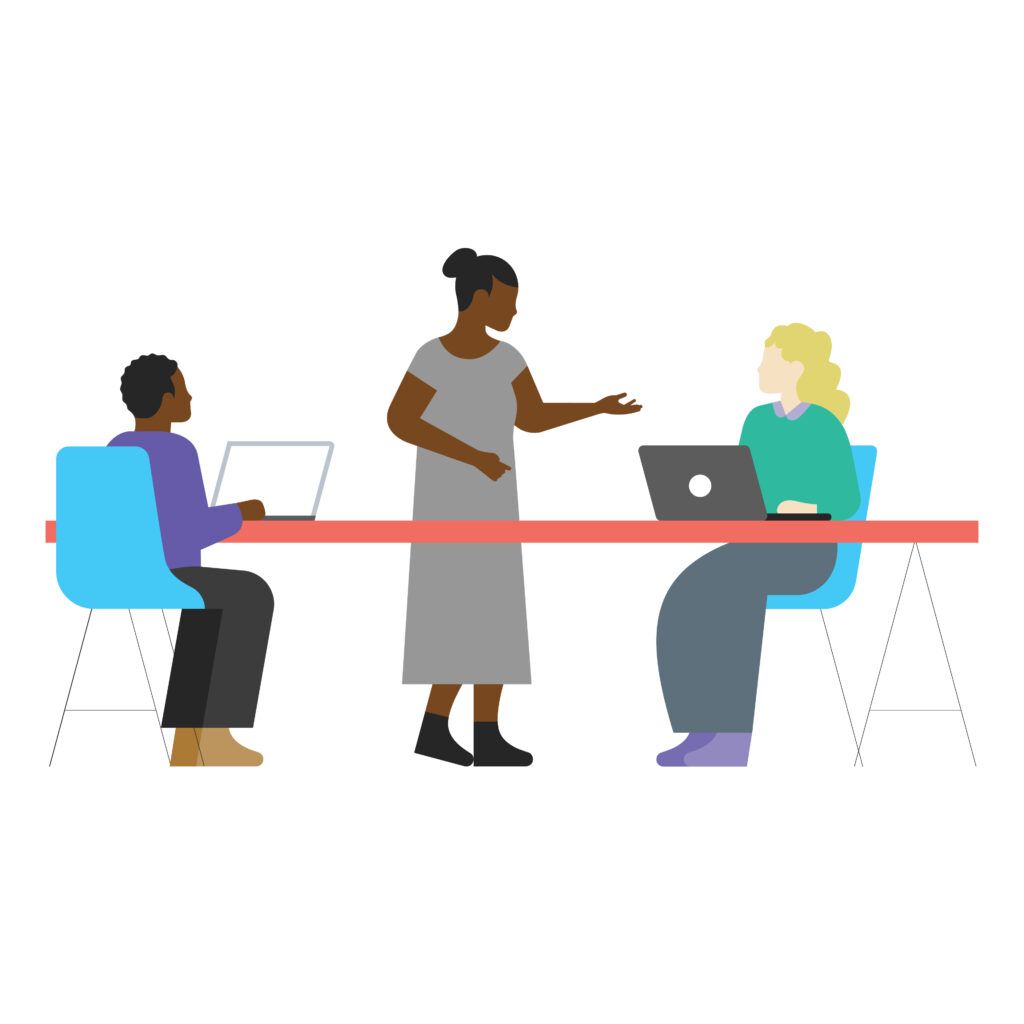 An illustration of people at a table having a discussion