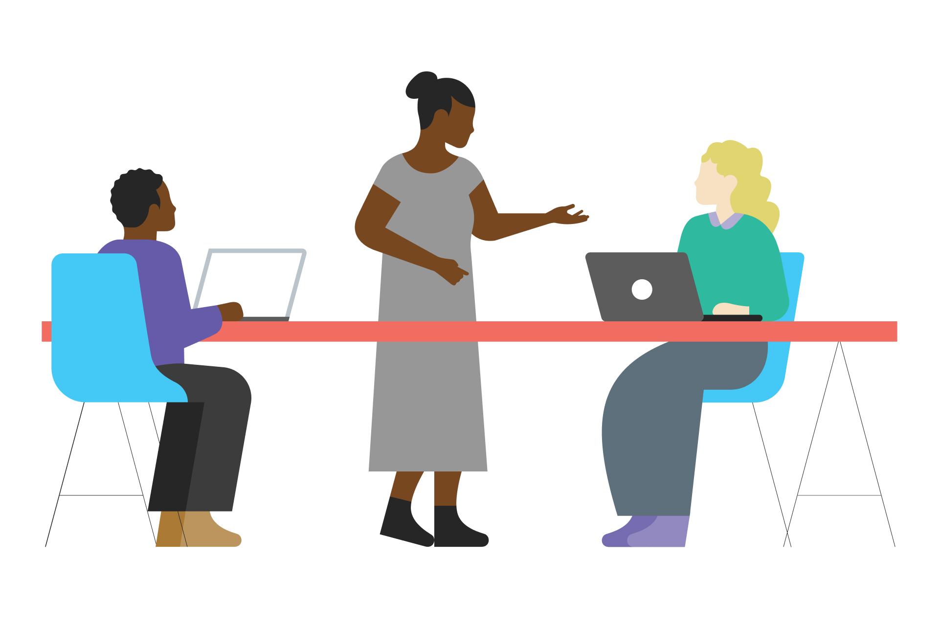 Illustration of two people with laptops at a table while a woman speaks.