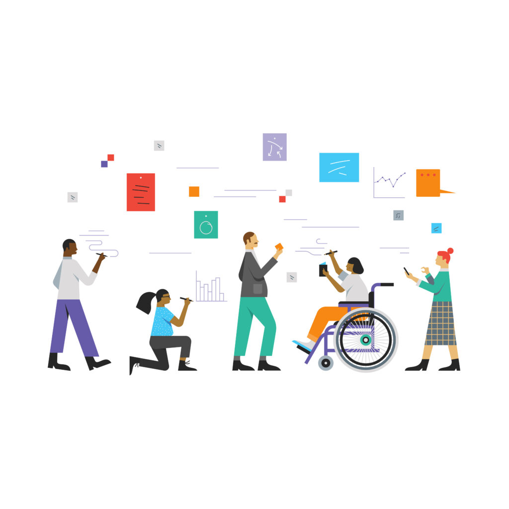 An illustration of a diverse group of people brainstorming