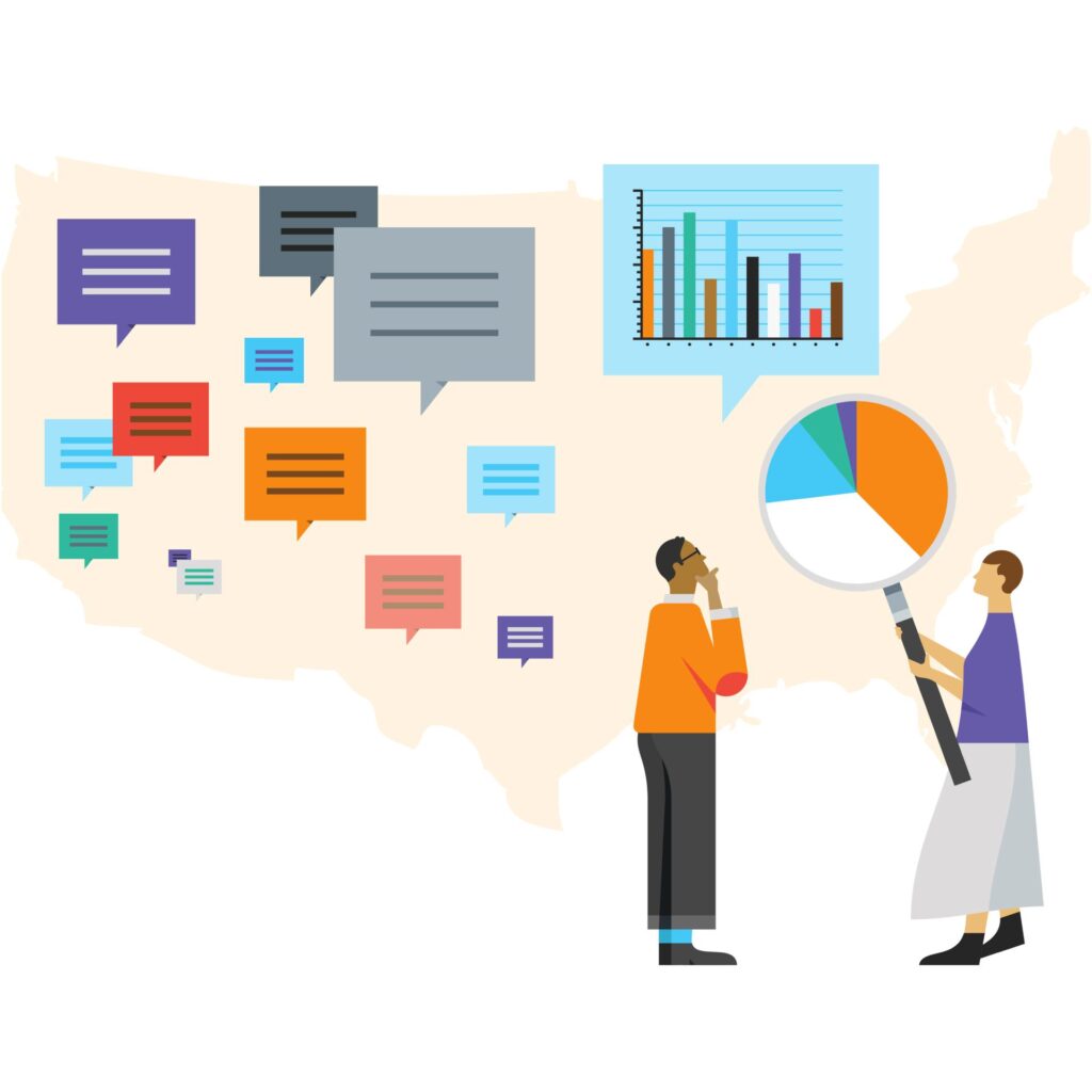 Illustration of people with charts, graphs, and a map of the United States