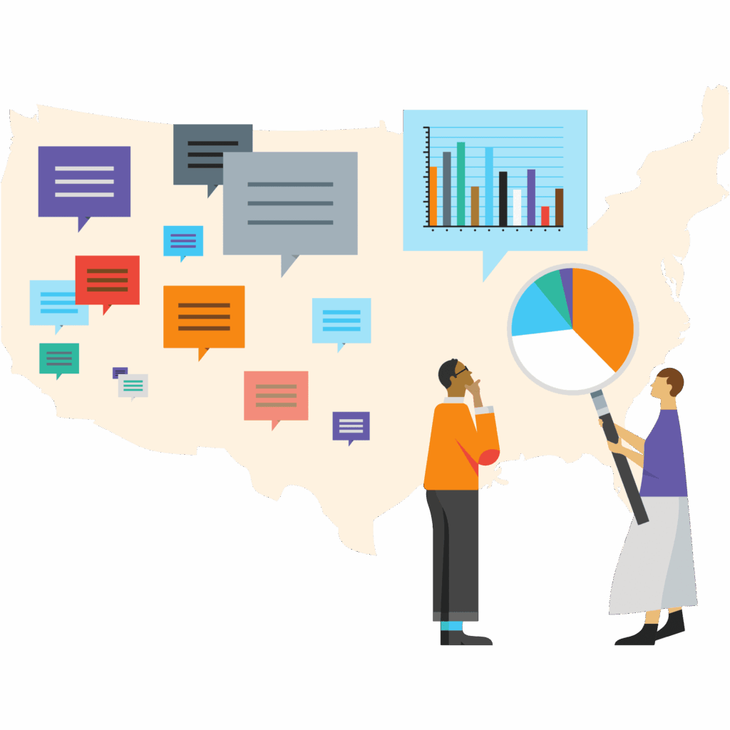 An illustration of people standing in front of charts, graphs, and a map of the United States