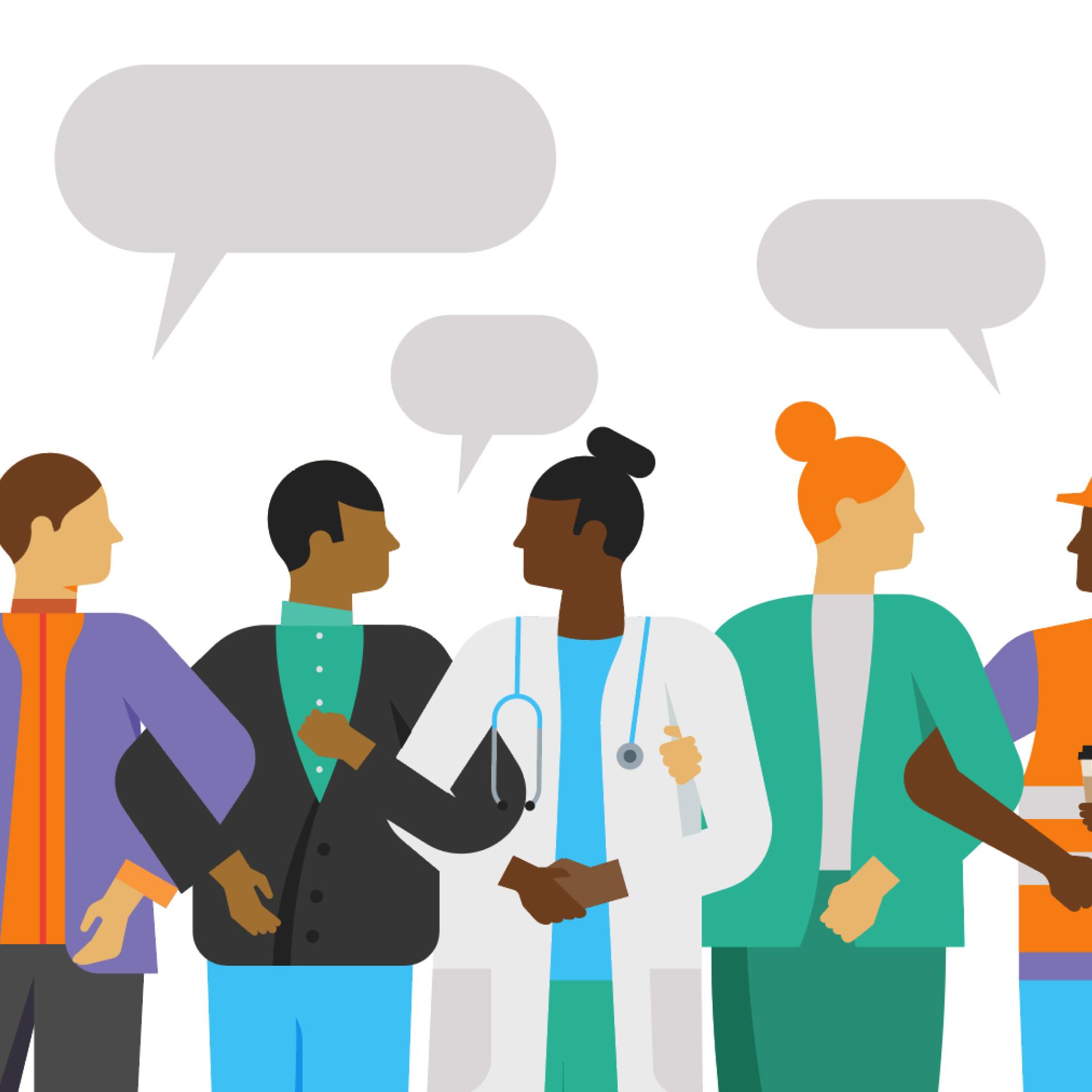 An illustration of people, arm in arm, in coversation